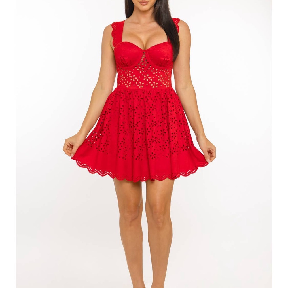 Banjul Scarlet Lady Red Eyelet Cutout Flirty Bodice Mini Dress
